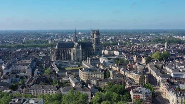 Aerial view of cityscape of Orleans, historic centre of city, gothic Cathedral of the Holy Cross (Basilique Cath&eacute;drale Sainte-Croix d'Orl&eacute;ans) - landscape panorama of France from above, Europe