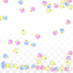 Vector Realistic Colorful Petals Falling on Transparent Background.  Spring Romantic Flowers Illustration. Flying Petals. Sakura Spa Design. Blossom Confetti. Design Elements for Wedding Decoration.