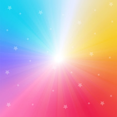 rainbow gradient background with bright rays and sparkling stars.Vector Illustration.