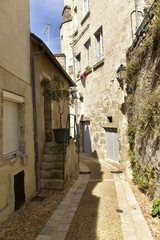 Fototapeta premium Rue ou ruelle typique en pente récemment restaurée entre les vieux murs du centre historique de Périgueux en Dordogne