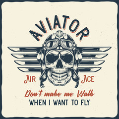 Aviation label with illustration of pilot skull. Vector illustration. T-shirt or poster design. © Oleg