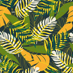 Fototapeta na wymiar Trend abstract seamless pattern with tropical leaves and plants on a dark background. Vector design. Jungle print. Floral background. Printing and textiles. Exotic tropics. Summer design.