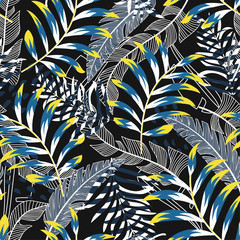 Seamless pattern with bright tropical leaves and plants on a delicate black background. Vector design. Jungle print. Floral background. Printing and textiles. Exotic tropics. Summer design.