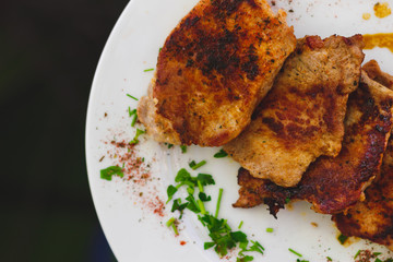 Grilled red meat placed on a wide white plate with parsley and basil leaves – Meat dish served at main course at the restaurant – Healthy juicy and delicious steak full of proteins