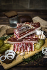 A few pieces of salted suet with spices, garlic, onions, bread and salted cucumber. Traditional Russian and Ukrainian snack. Country style.