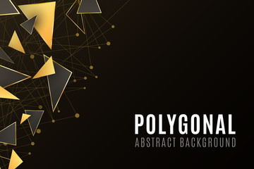 Polygonal shapes. Modern background for your design banner. Low poly. Golden and black triangular forms. Connected lines and dots. Plexus. Vector illustration