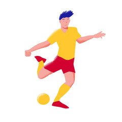 Fototapeta na wymiar Football player. Man in yellow shirt and red shorts punch to the ball. The people in dynamic pose. Flat with texture vector illustration. Isolated.