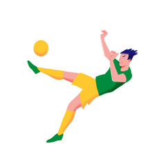 Football player. Man in green shirt and yellow shorts punch to the ball  in falling. The people in dynamic pose. Flat with texture vector illustration. Isolated.