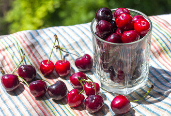 sweet cherry still life in a glass, sweet cherry on a textile near a glass on a beautiful blurred nature background