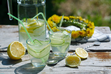summer refreshing detox lemonade from cucumber, lemon and mint