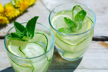 summer refreshing detox lemonade from cucumber, lemon and mint