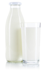 Fresh milk drink in a glass and bottle isolated on white