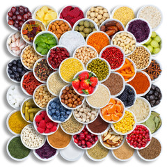 Fruits and vegetables spices ingredients berries food grapes from above