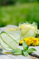 summer refreshing detox lemonade from cucumber, lemon and mint