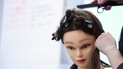novice stylist carefully combs hair on mannequin head, practices new skills, training at hairdresser workshop, side view 