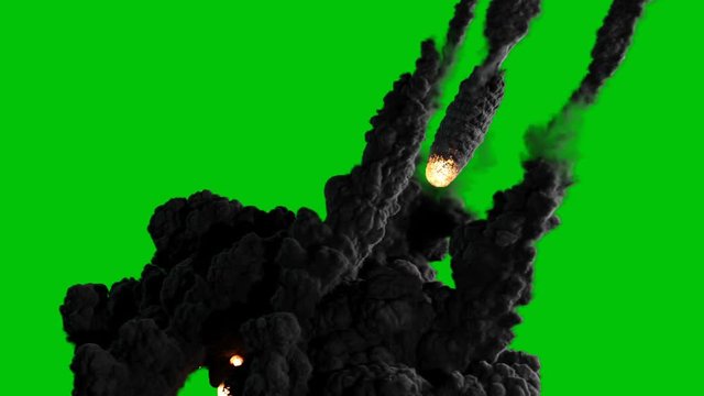 A high-quality cinematic video of a shooting star or meteor flying from the sky, lighting up the darkness and releasing clouds of smoke in front of a green screen.