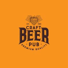 Craft Beer Logo. Brewing Company Logo. Beer Pub Emblem or Signboard. Hop Cones and Typographic Composition. Engraving, Vintage Style.