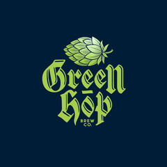 Green Hop Logo. Brewing Company Logo. Beer Pub Emblem. Hop Cone and Typographic Composition. 