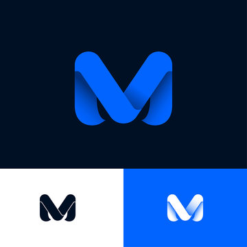 M logo Consist of  Blue Ribbons. M origami monogram on Different Backgrounds