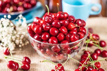 Sweet cherries in a glass bowl