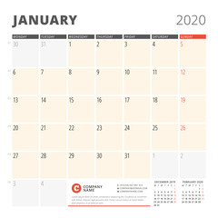 Calendar planner for January 2020. Stationery design template. Week starts on Monday. 3 months on the page. Vector illustration