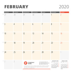Calendar planner for February 2020. Stationery design template. Week starts on Monday. 3 months on the page. Vector illustration