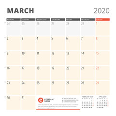 Calendar planner for March 2020. Stationery design template. Week starts on Monday. 3 months on the page. Vector illustration