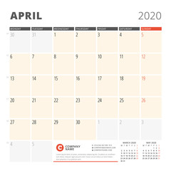 Calendar planner for April 2020. Stationery design template. Week starts on Monday. 3 months on the page. Vector illustration