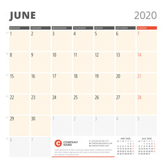 Calendar planner for June 2020. Stationery design template. Week starts on Monday. 3 months on the page. Vector illustration