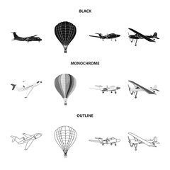 Vector illustration of plane and transport symbol. Collection of plane and sky vector icon for stock.