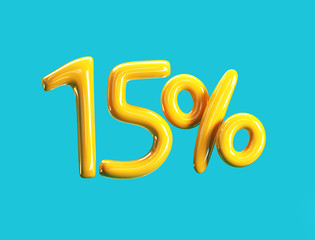 15% Off Price. Yellow Balloons Sale Concept. 3d rendering illustration