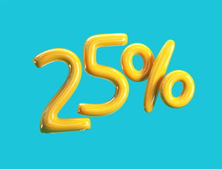 25% Off Price. Yellow Balloons Sale Concept. 3d rendering illustration