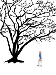 Illustration of a girl looking at dead tree with dried branch