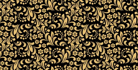 Gordijnen Bloem patroon. Naadloze gouden en zwarte sieraad. Grafische vector achtergrond. Ornament voor stof, behang, verpakking © ELENA