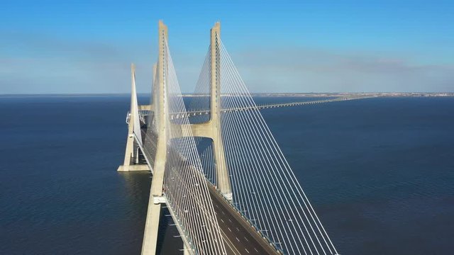 Aerial view of the Vasco da Gama bridge in Lisbon, Portugal. Lisbon Drone view
