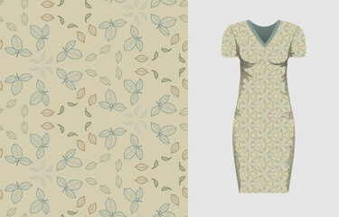 Abstract round seamless pattern wiht brown, green, blue leaves and mock up dress whith this ormnament on grey background. Vector nature elegant texture for fabric, textile, bedlinen, undergarment.