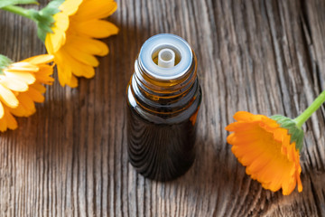 A bottle of calendula essential oil with calendula flowers