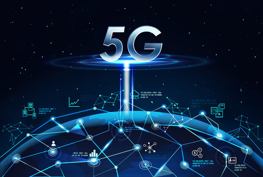 5G network digital hologram, big data and internet of things on Global network background. 5G network wireless systems.