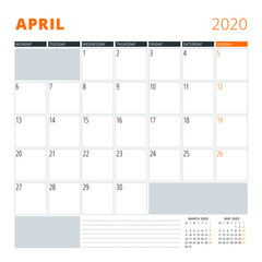 Calendar for April 2020. Stationery design template. Vector illustration