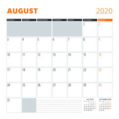 Calendar for August 2020. Stationery design template. Vector illustration