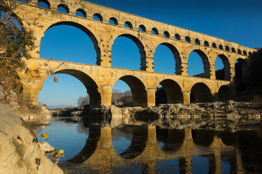 Roman Bridge Pont du Gard in autumn in South of France