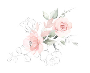 Set watercolor arrangements with roses. collection garden pink flowers, leaves, branches, Botanic  illustration isolated on white background.