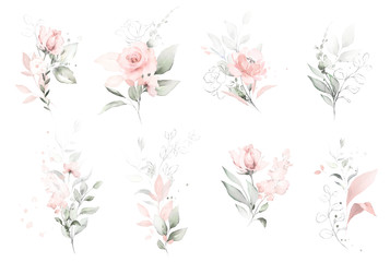 Set watercolor arrangements with roses. collection garden pink flowers, leaves, branches, Botanic  illustration isolated on white background.