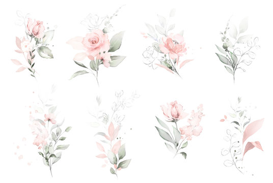 Set watercolor arrangements with roses. collection garden pink flowers, leaves, branches, Botanic  illustration isolated on white background.