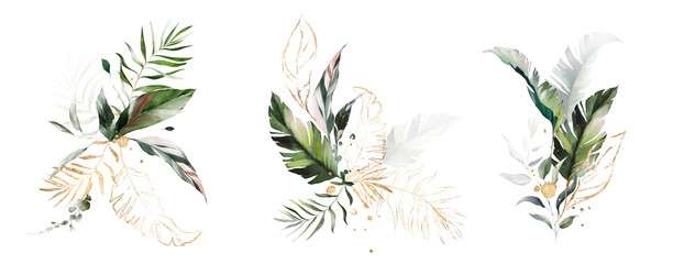  watercolor and gold leaves. herbal illustration. Botanic tropic composition.  Exotic modern design