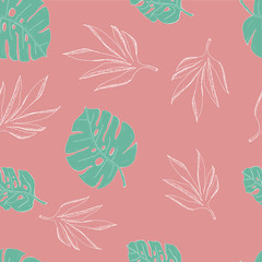 Seamless pattern with hand drawn tropical leaves vector illustration