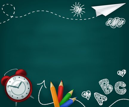 Realistic school supplies on a green chalkboard with children's drawings. Back to school concept background. Clock, colored pencils, paper airplane, abc letters and children drawings.