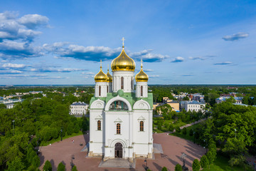 Aerial view of the Orthodox church, cathedral with golden crosses and domes in the city of Pushkin....