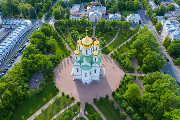 Aerial view of the Orthodox church, cathedral with golden crosses and domes in the city of Pushkin....