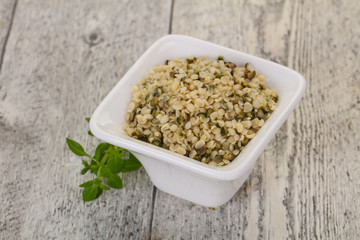 Peeled hemp seeds in the bowl